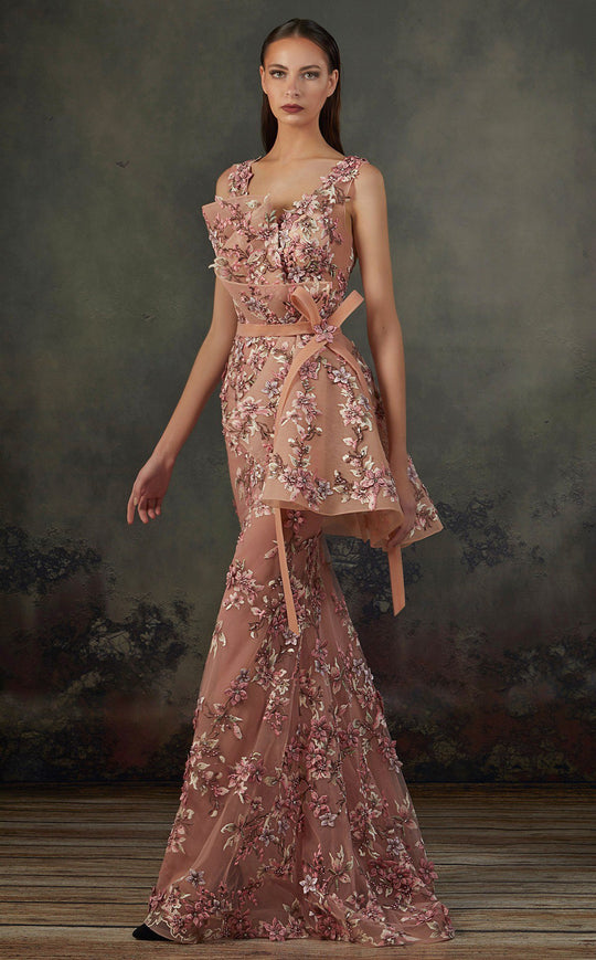 MNM COUTURE - K3711 Embroidered Silken Overskirt Long Gown In Beige