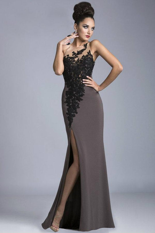 Janique K6403 - Long High Neck Floral and Lace Open Back Evening Dress in Black and Brown