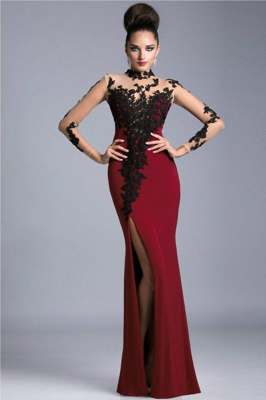 Janique - Illusion Long Sleeved Floral and Lace Side Slit Jersey Gown K6404 in Red, Black