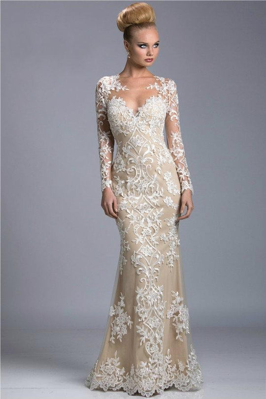 Janique K6431 - Long Floral Lace Illusion Gown in White and Neutral