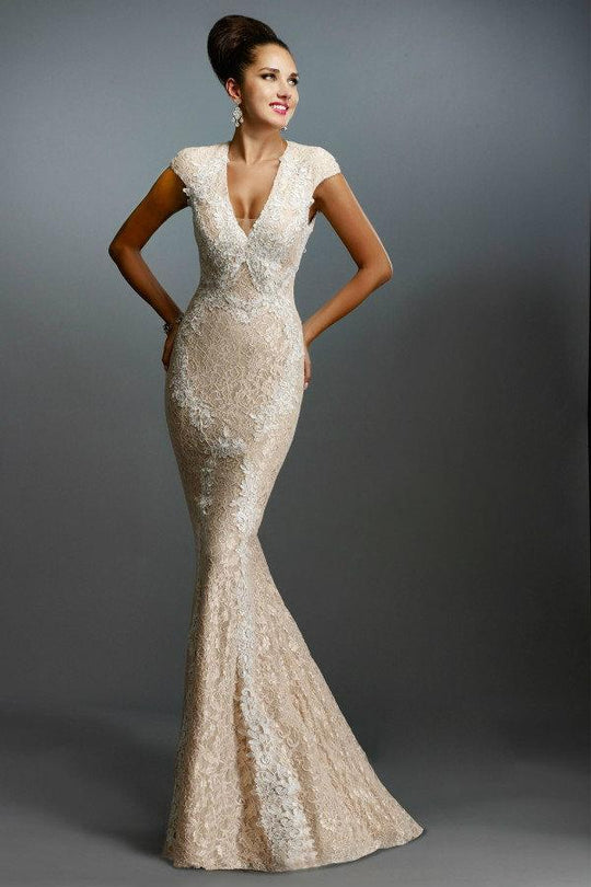 Janique K6462 Elegant Lace Mermaid Gown with Plunging Neckline In Neutral
