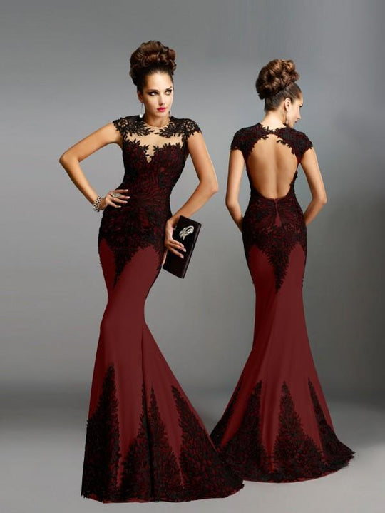 Janique - Long Jewel Neck Lace Jersey Gown K6472 in Red, Black