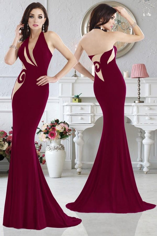 Janique K6529 - Long Halter Nude Asymmetric Inset Jersey Gowns in Red and Neutral