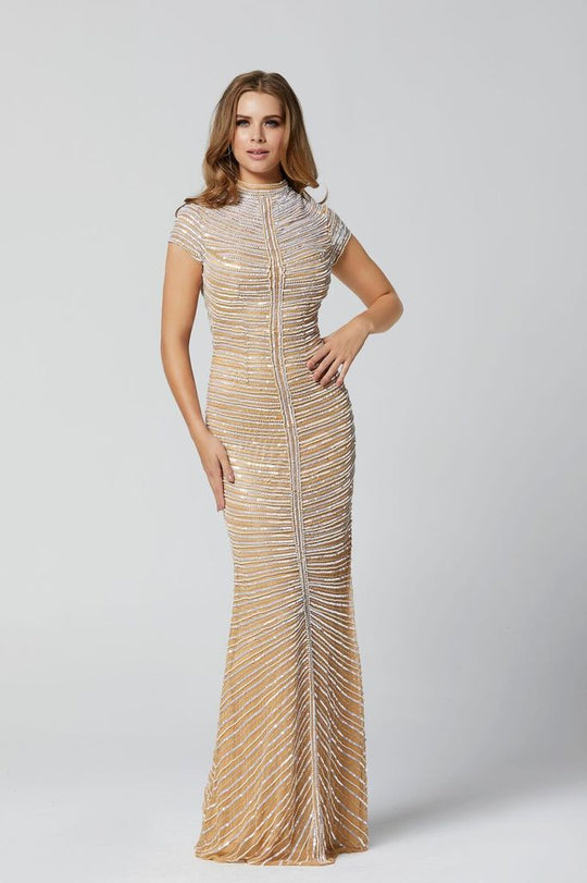 Primavera Couture - 3364 Horizontal Bead Embellished Fitted Dress In Neutral