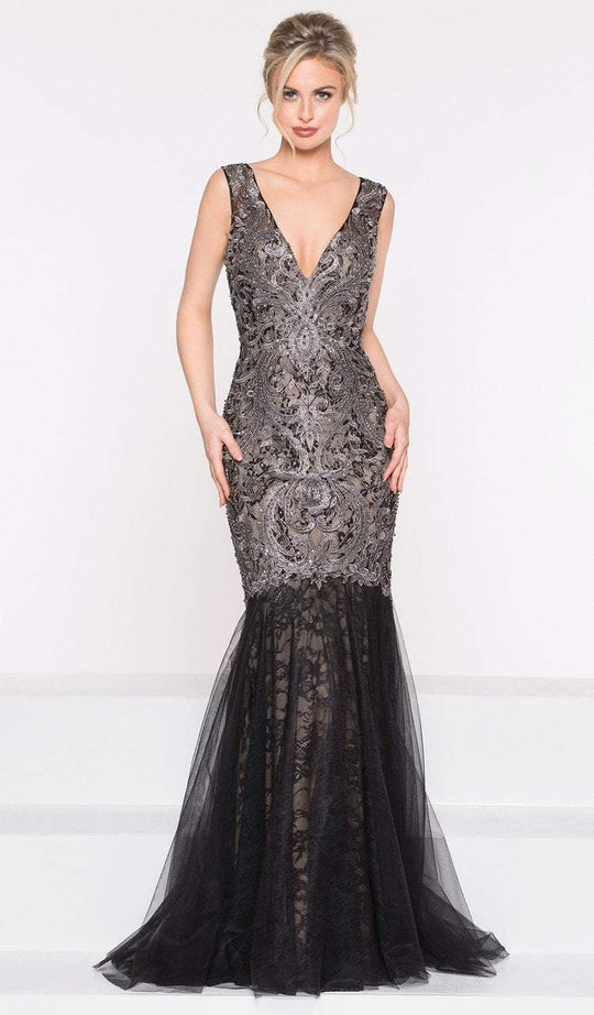 Colors Dress - 1998 Embellished Lace Deep V-neck Trumpet Gown in Gray and Black