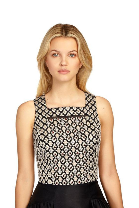 Phoebe Couture - Jacquard Beaded Slit Top in Apricot