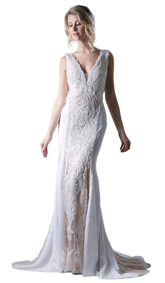 Cinderella Divine - KC1756 Lace Deep V-neck Trumpet Dress With Train In White