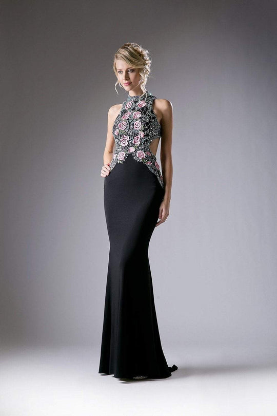 Cinderella Divine - KC1799 Floral Applique Beaded Jersey Evening Gown In Black