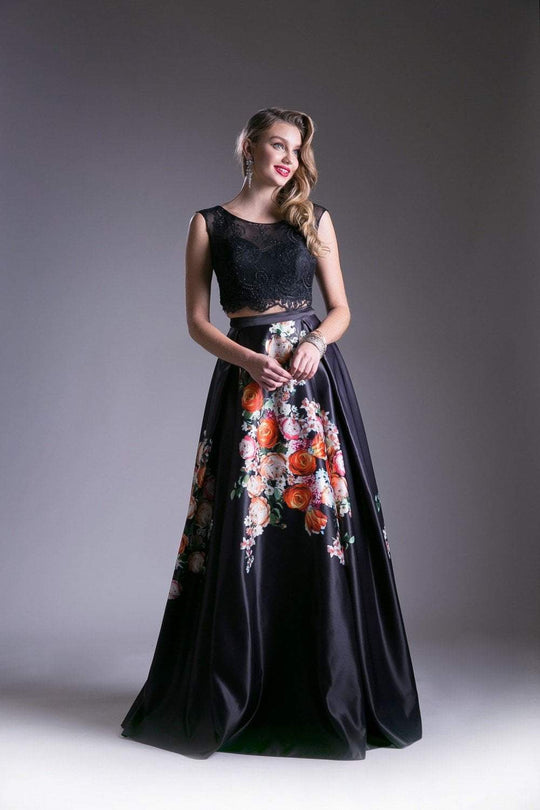 Cinderella Divine - KC1813 Beaded Lace Two Piece Floral Satin Gown In Black and Print
