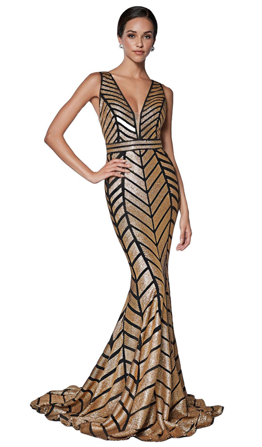 Cinderella Divine - KC19025 Two Tone Sequined Deep Vneck Mermaid Dress In Black and Gold