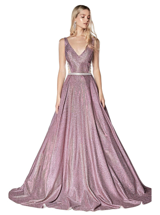 Cinderella Divine - KC19053 Embellished Plunging V-neck Ballgown In Pink