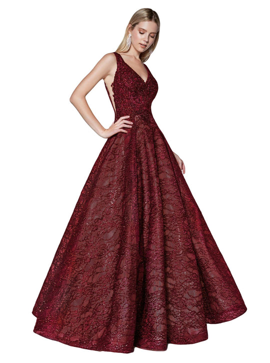 Cinderella Divine - KC19065 Long Glitter Accented Lace Ballgown In Red