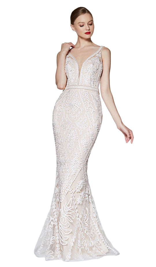 Cinderella Divine - KC19067 Sleeveless Deep V neck Embellished Gown In White and Nude
