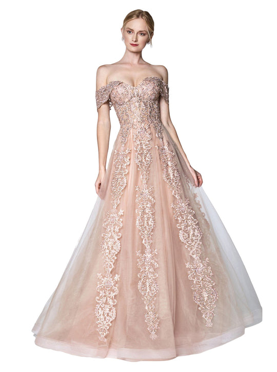 Cinderella Divine - KC19070 Embellished Lace Off-Shoulder Tulle Gown In Pink