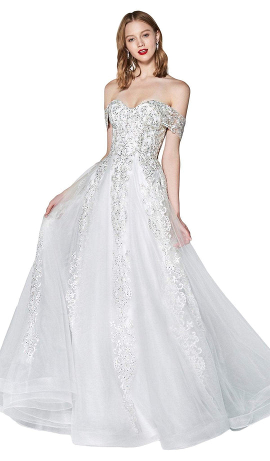 Cinderella Divine - KC19070W Beaded Lace Off-Shoulder Tulle Ballgown In White