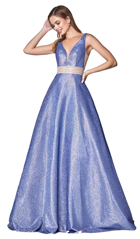 Cinderella Divine - KC873 Beaded Deep V-neck Glitter Ballgown In Blue