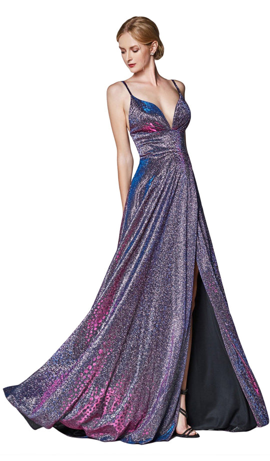 Cinderella Divine - KC878 Deep V-neck A-line Dress With Slit In Purple