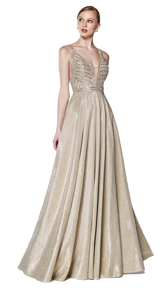 Cinderella Divine - KC879 Ornate Metallic Banded Glitter A-Line Gown In Neutral and Gold
