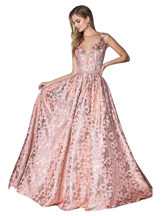 Cinderella Divine - KC882 Floral Print Plunging Ballgown In Pink and Gold