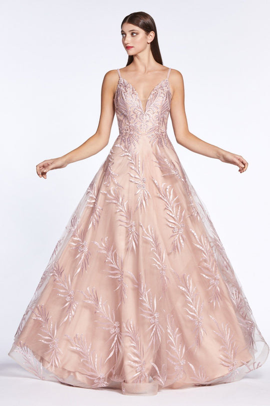 Cinderella Divine - KC891 Floral Applique Deep V-neck A-line Gown In Pink