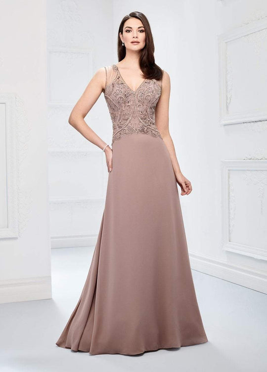 Montage by Mon Cheri - 218906 Hand-Beaded V-neck Chiffon A-line Dress in Brown