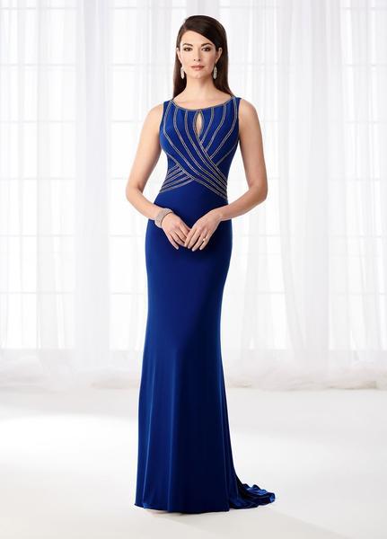 Mon Cheri - Cameron Blake - Beaded Bateau Neck Jersey Sheath Dress 218631 In Blue