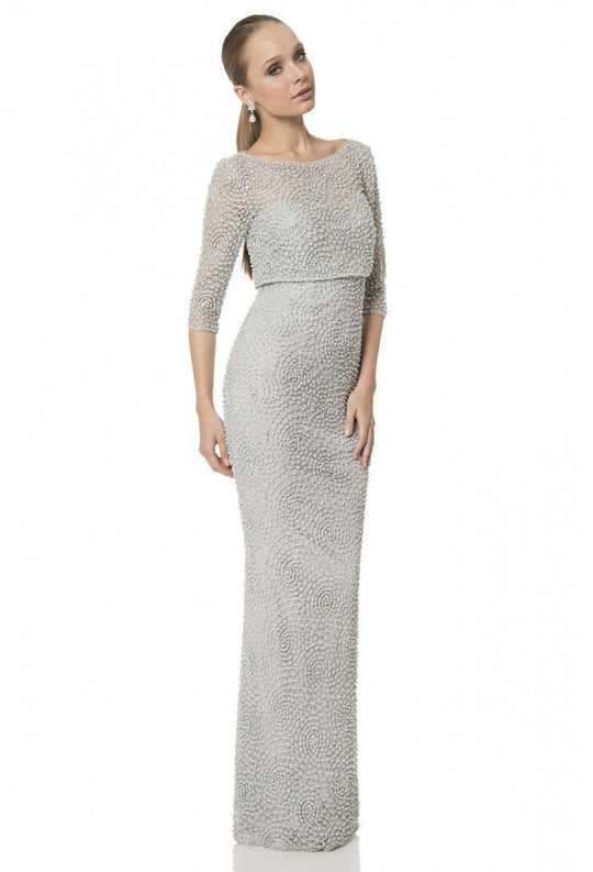Terani Couture - 1611M0630A Embellished Bateau Sheath Dress in Silver