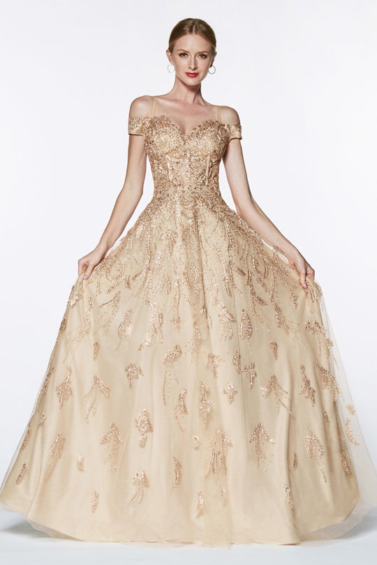 Cinderella Divine - KV1034 Beaded Lace Sweetheart Ballgown In Gold
