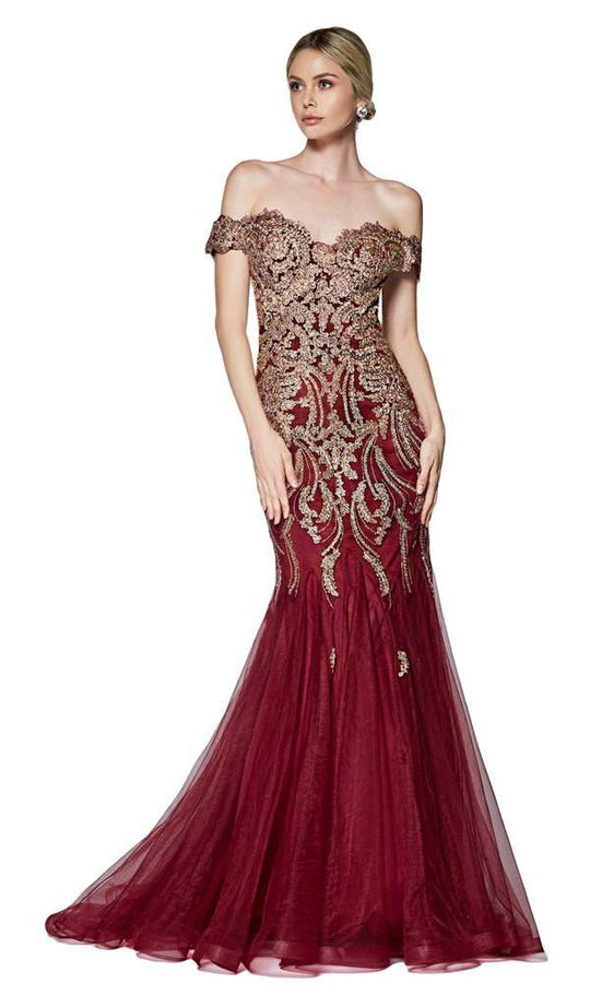 Cinderella Divine - Off Shoulder Beaded Lace Tulle Mermaid Gown KV1035 - 1 pc Burgundy/Gold in Size 6 Available