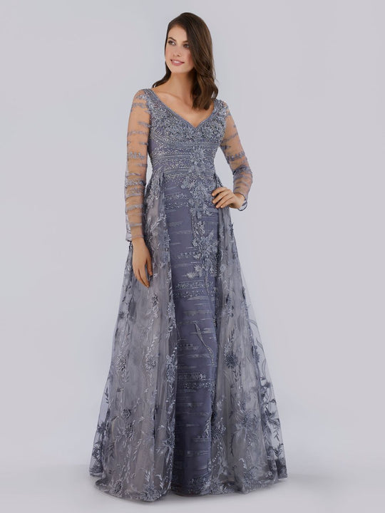 Lara Dresses - 29755 Long Sleeve Embroidered Blossom Overskirt Gown