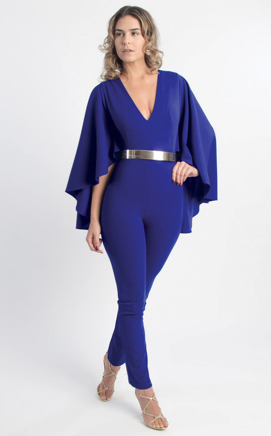 MNM COUTURE - L0025 Cape Sleeve Ankle Length Jumpsuit In Blue