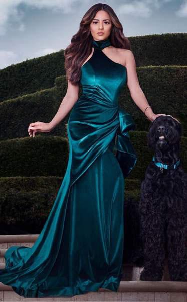 MNM COUTURE - L0038 Asymmetrical Choker-Style Wrap Velvet Gown In Green