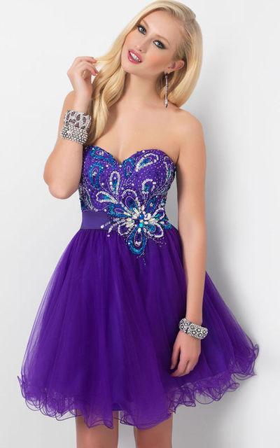 Blush - Strapless Sequined Short Dress 9414 in Purple