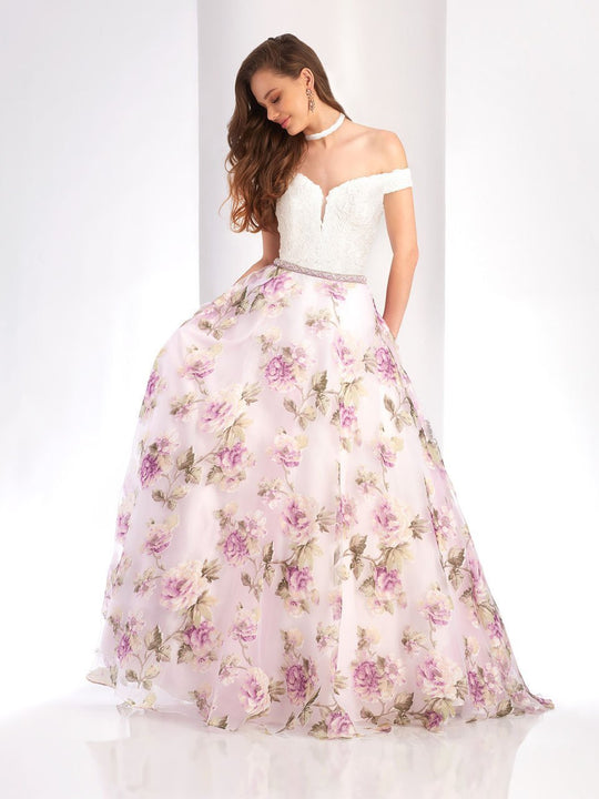 Clarisse - 3419 Off Shoulder Lace and Floral Print Evening Gown in White and Print
