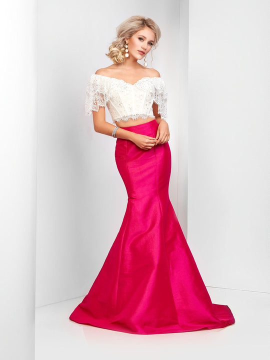 Clarisse - 3578 Two Piece Lace Off-Shoulder Mermaid Dress in White and Pink