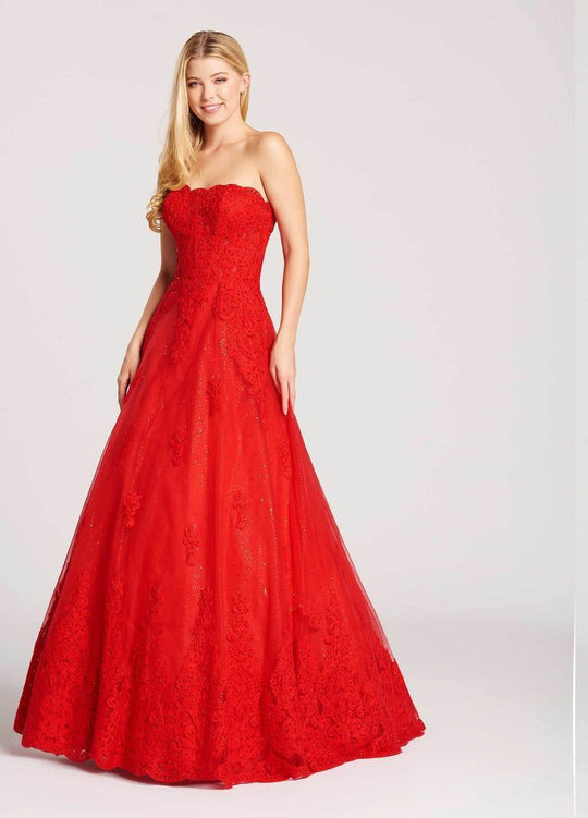 Ellie Wilde - EW118018 Strapless Scalloped Neck Embellished Lace Gown In Red