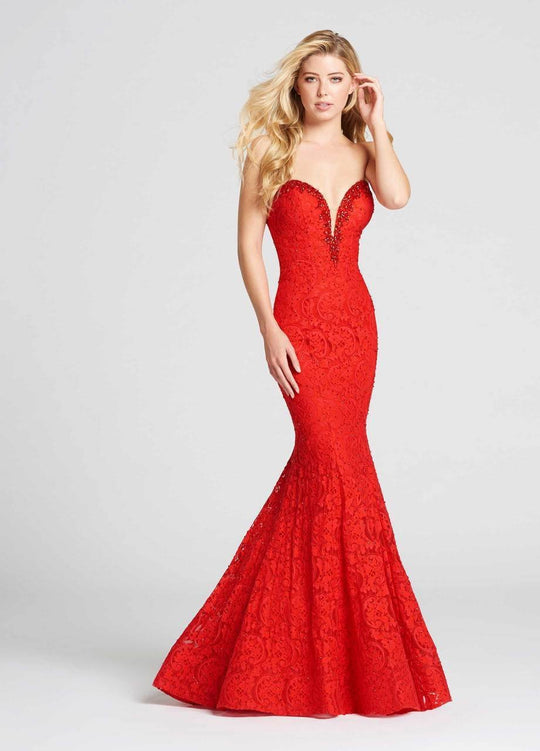 Ellie Wilde - EW118036 Plunging Strapless Beaded Lace Trumpet Gown In Red