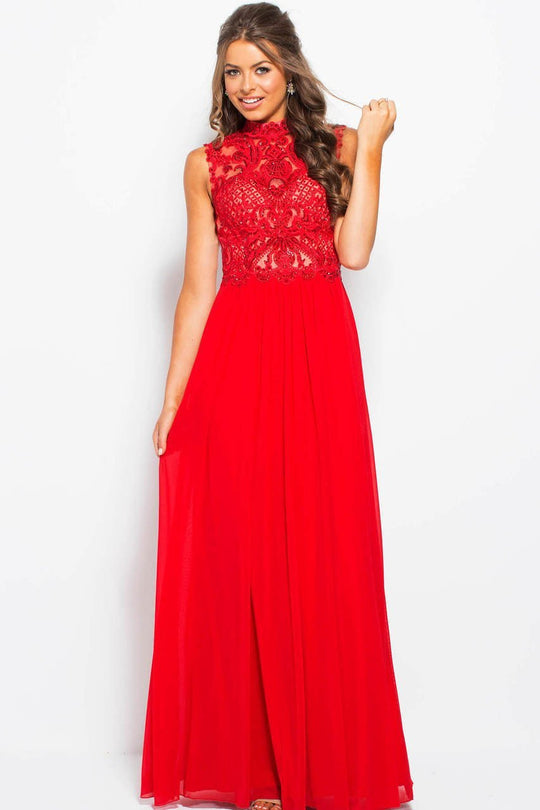JVN55872 Embroidered Illusion High Neck A-Line Gown