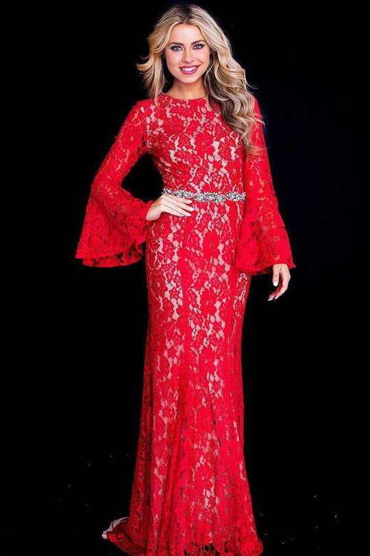 JVN58144 Long Bell Sleeve Embellished Lace Gown