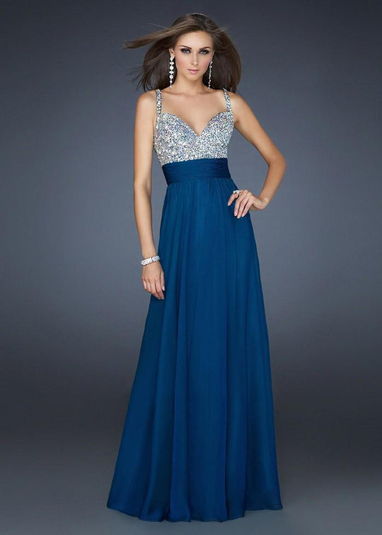 La Femme - Jewel Crusted Ruched Evening Gown in Blue