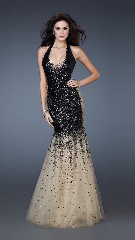 La Femme - Halter Style Deep V Neck Shimmering Mermaid Gown 16804 In Black and Neutral