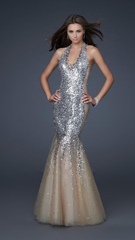 La Femme Plunging Halter Style Sequined Gown 16804 In Silver and Neutral