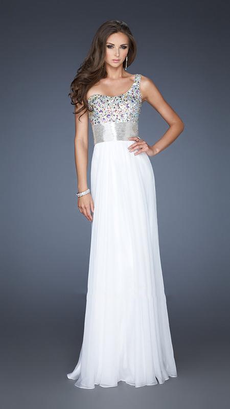 La Femme - One Shoulder Crystal Embellished Chiffon Dress in White