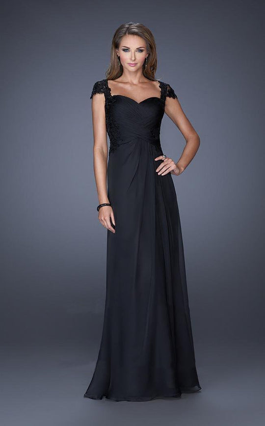 La Femme - 19143 Pretty Cap Sleeve Lace Ruched Evening Gown In Black