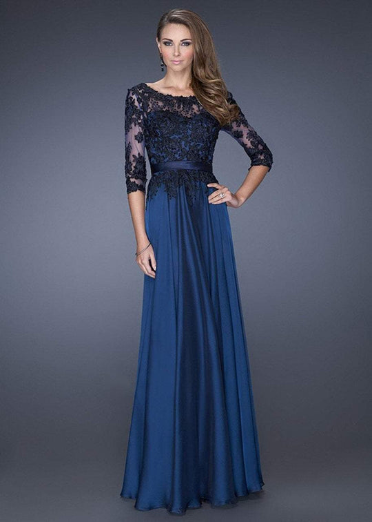 La Femme - 19144 Pleated Illusion Bateau A-Line Dress In Blue