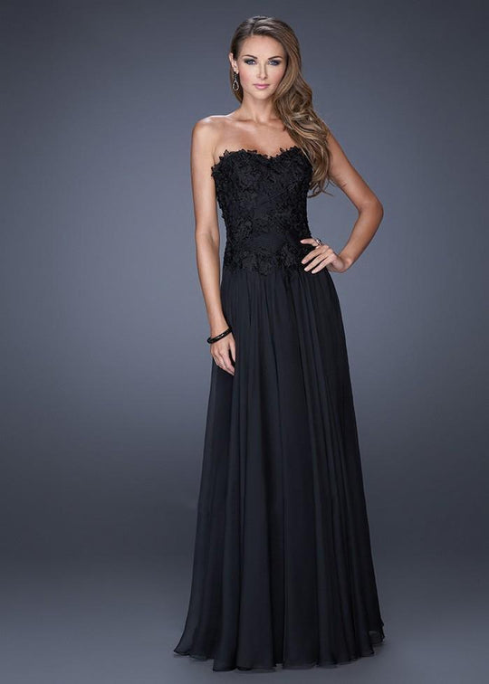 La Femme - 19175 Strapless Sweetheart Lace and Chiffon Evening Gown In Black