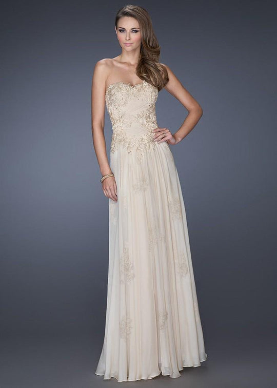 La Femme 19175 Strapless Sweetheart Lace and Chiffon Evening Gown - 1 pc Sand in Size 6 Available