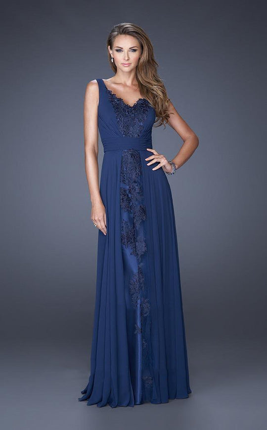 La Femme - 19181 Lace Appliqued Panel Gown In Blue