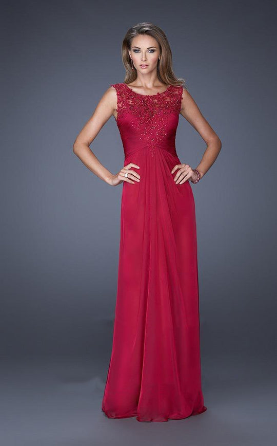 La Femme - 19203 Lace Appliqued Illusion Chiffon Gown In Red