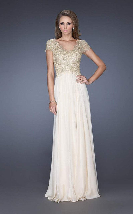 La Femme Cap Sleeve Shimmering Lace Evening Gown 19213 - 1 pc Sand In Size 4 Available In Neutral